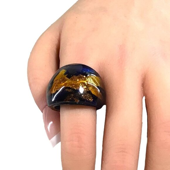 Glass Ring Dome Style Oversized Chunky Black Brown Size 7 - Picture 1 of 4